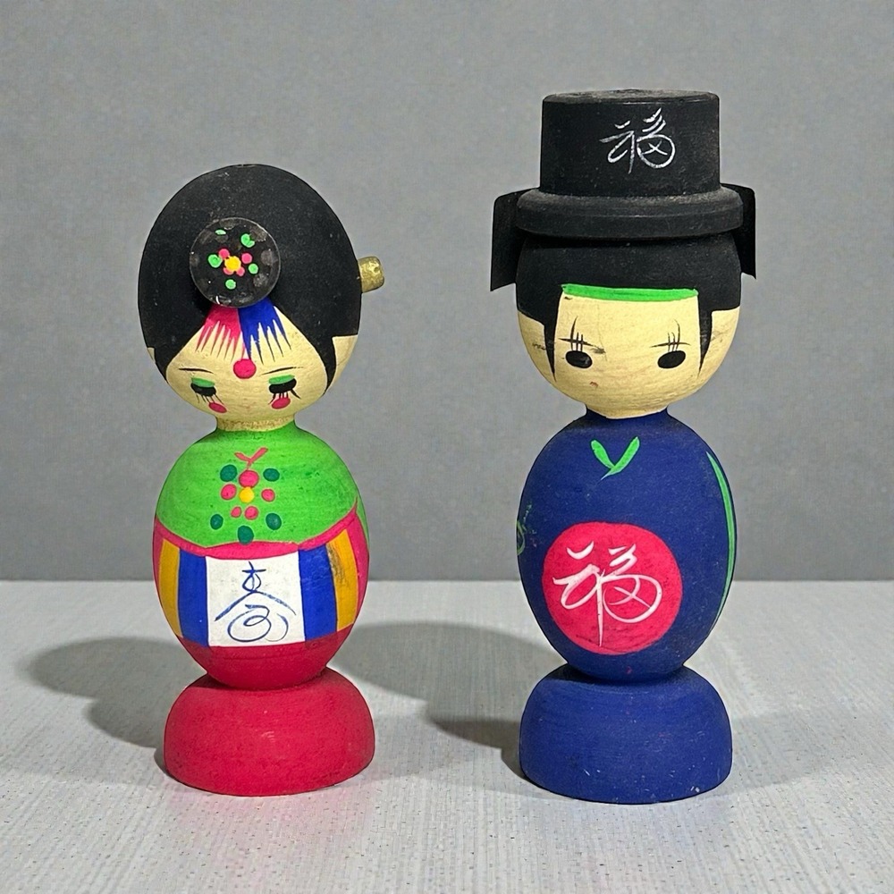 Japanese Kokeshi Doll Boy Girl Couple Mom Dad Colorful‎ 6" SET OF 2 Vintage